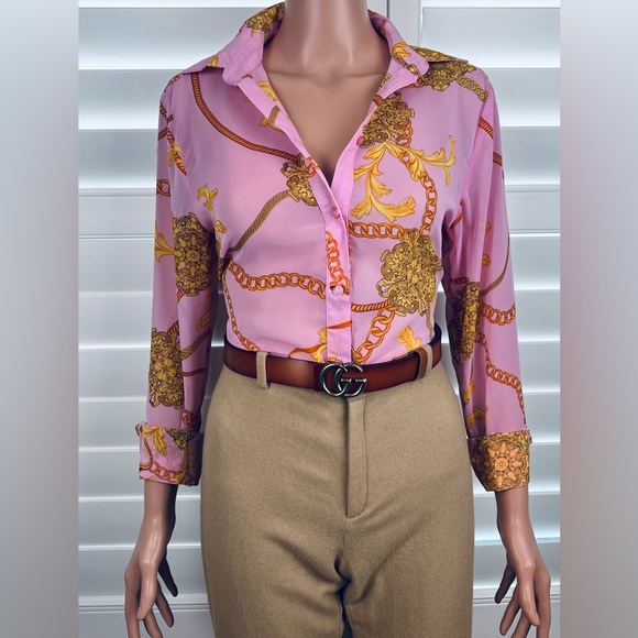NWT~Pink Button Down Blouse w/Chain/Medallion Print Sz. Small by Timing - Picture 2 of 5